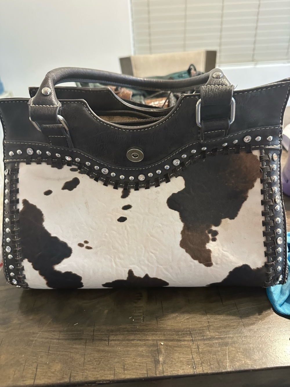Mountain west Cowhide Pattern Satchel Handbag - Brown & White Cowhide Accent